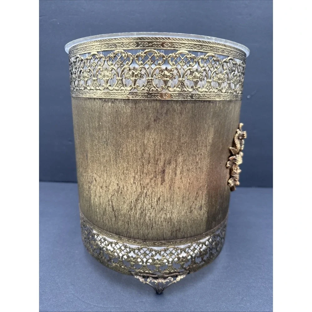 Vtg Hollywood Regency‎ Gold Tone Filigree Trash Basket Can Plastic Liner MCM